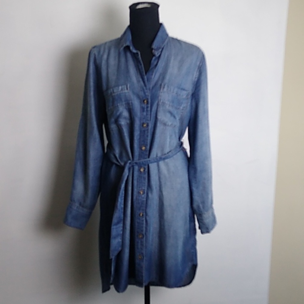 Anthropologie Womens Cloth & Stone Chambray Button Down Dress lLS belted size XS - Picture 9 of 15